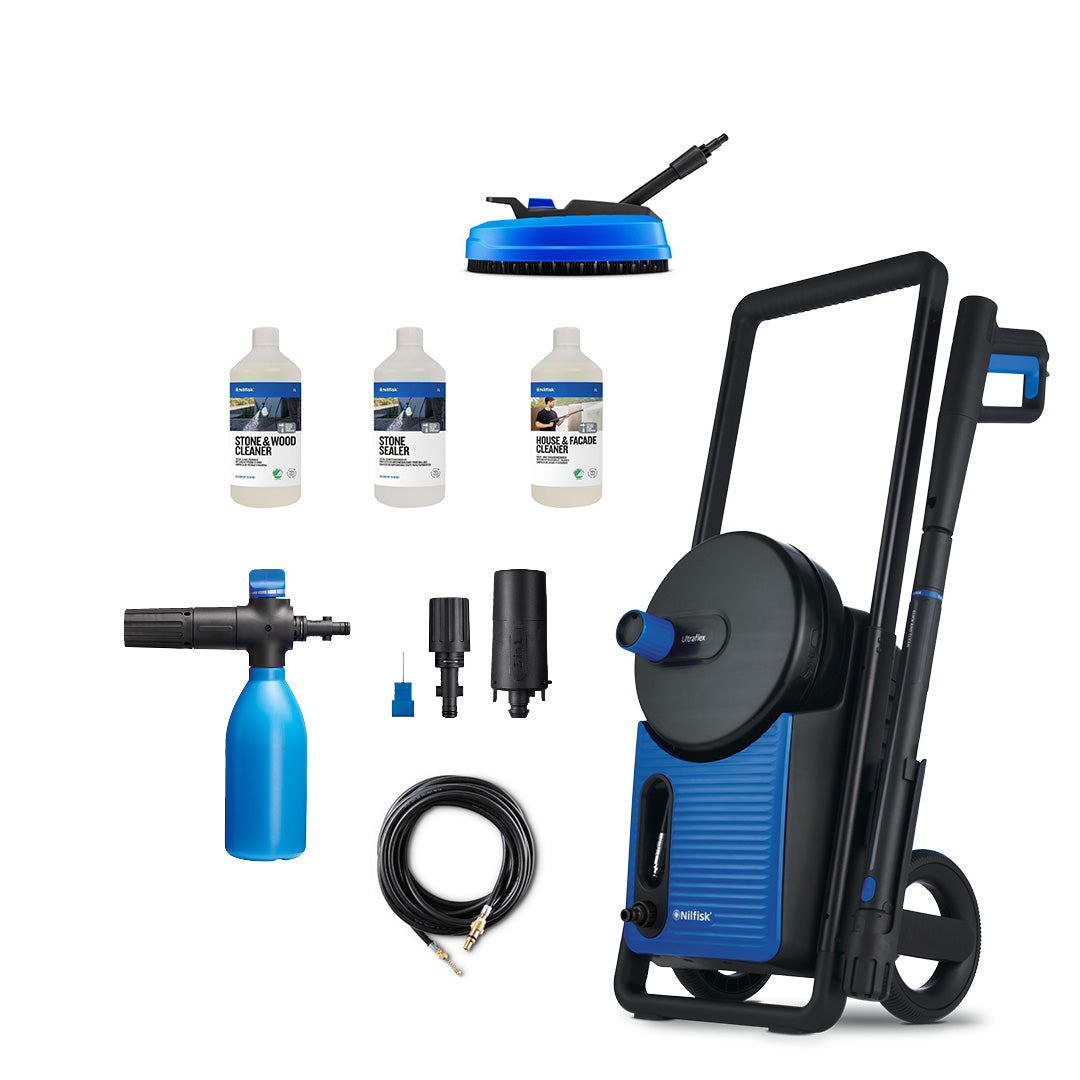 Blue and black pressure washer by Nilfisk, with accessories and cleaning products on a white background.
