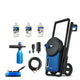 Blue pressure washer by Nilfisk with cleaning solutions, hose, and brush attachments on a white background.
