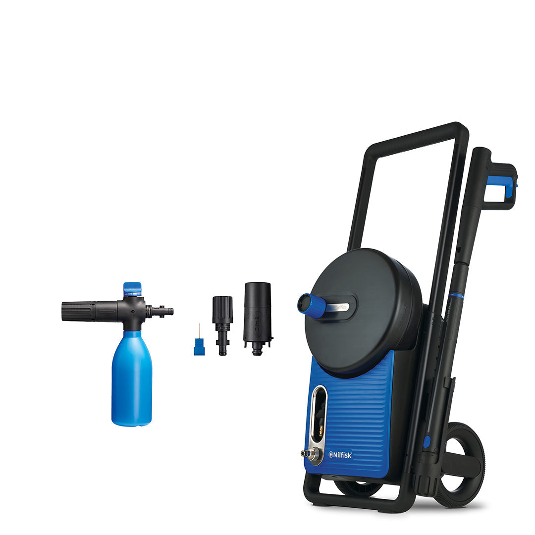Blue high-pressure washer by Nilfisk with an attached hose reel and accessories.