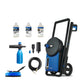 Pressure washer by Nilfisk with several cleaning attachments and three bottles of cleaning solution.
