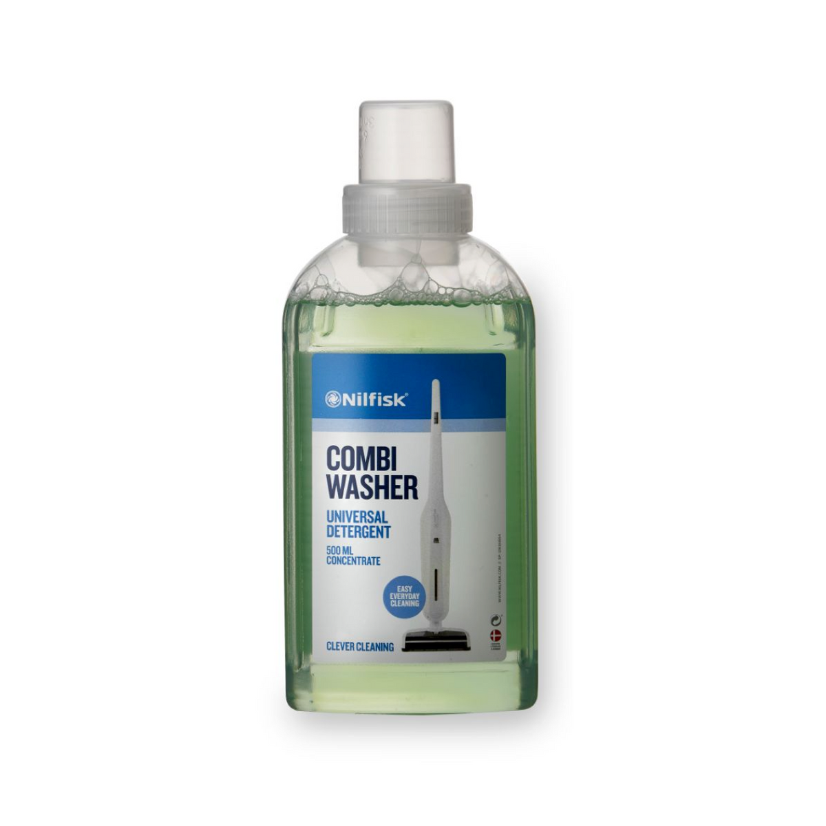 Bottle of universal detergent by Nilfisk, featuring a green liquid and blue label.