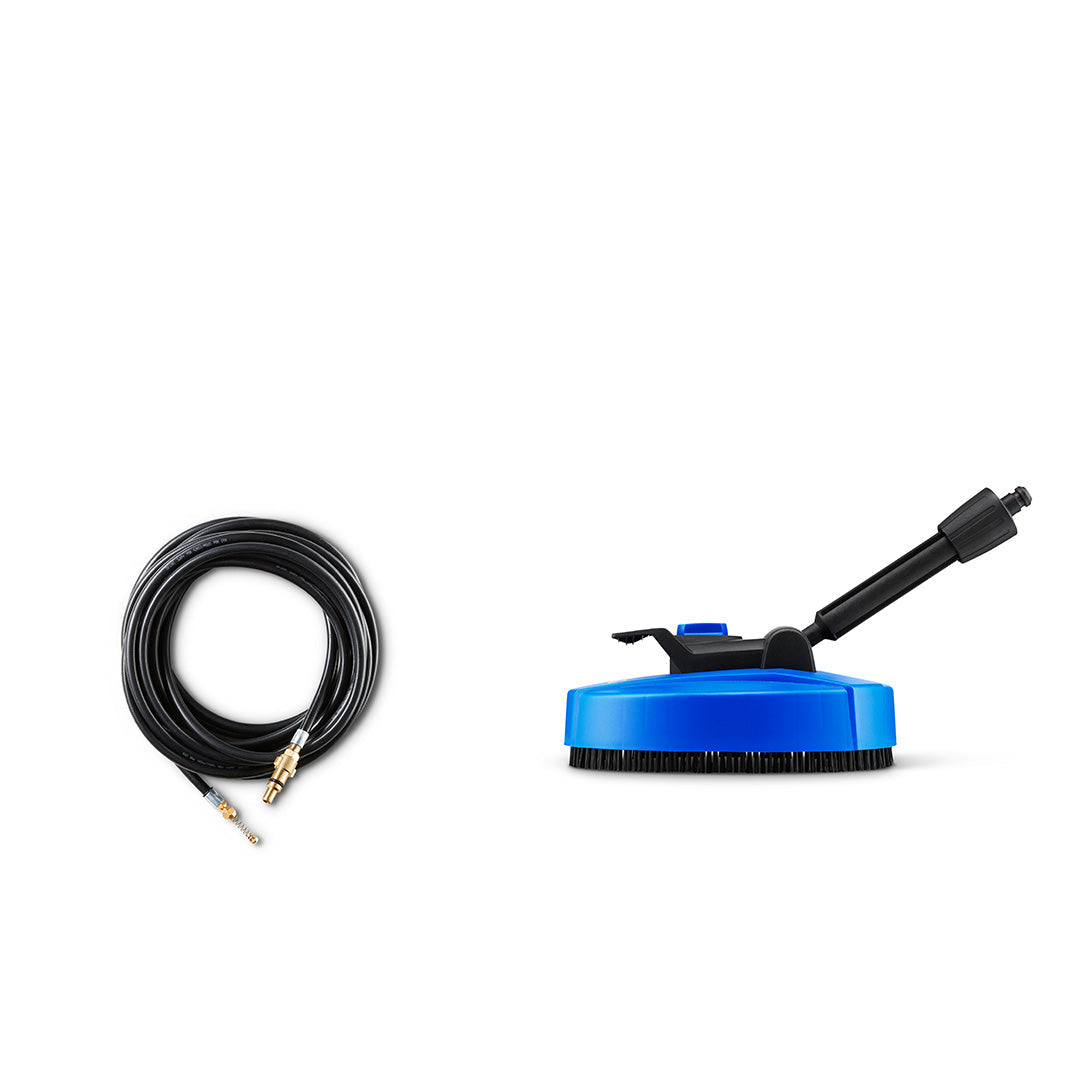 Pressure washer terrace cleaning accessory set of two pieces, including hose and brush.