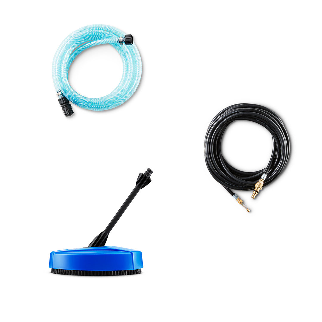Pressure washer accessory set of three items, consisting of a blue hose, a black hose, and a blue surface cleaner.
