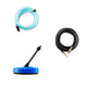Pressure washer accessory set of three items, consisting of a blue hose, a black hose, and a blue surface cleaner.