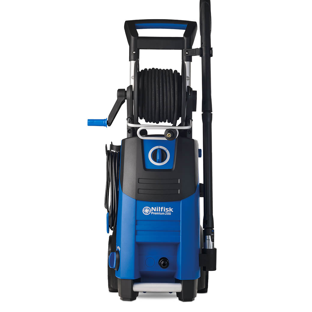 Blue and black high-pressure washer from Nilfisk with hose reel and a black handle.