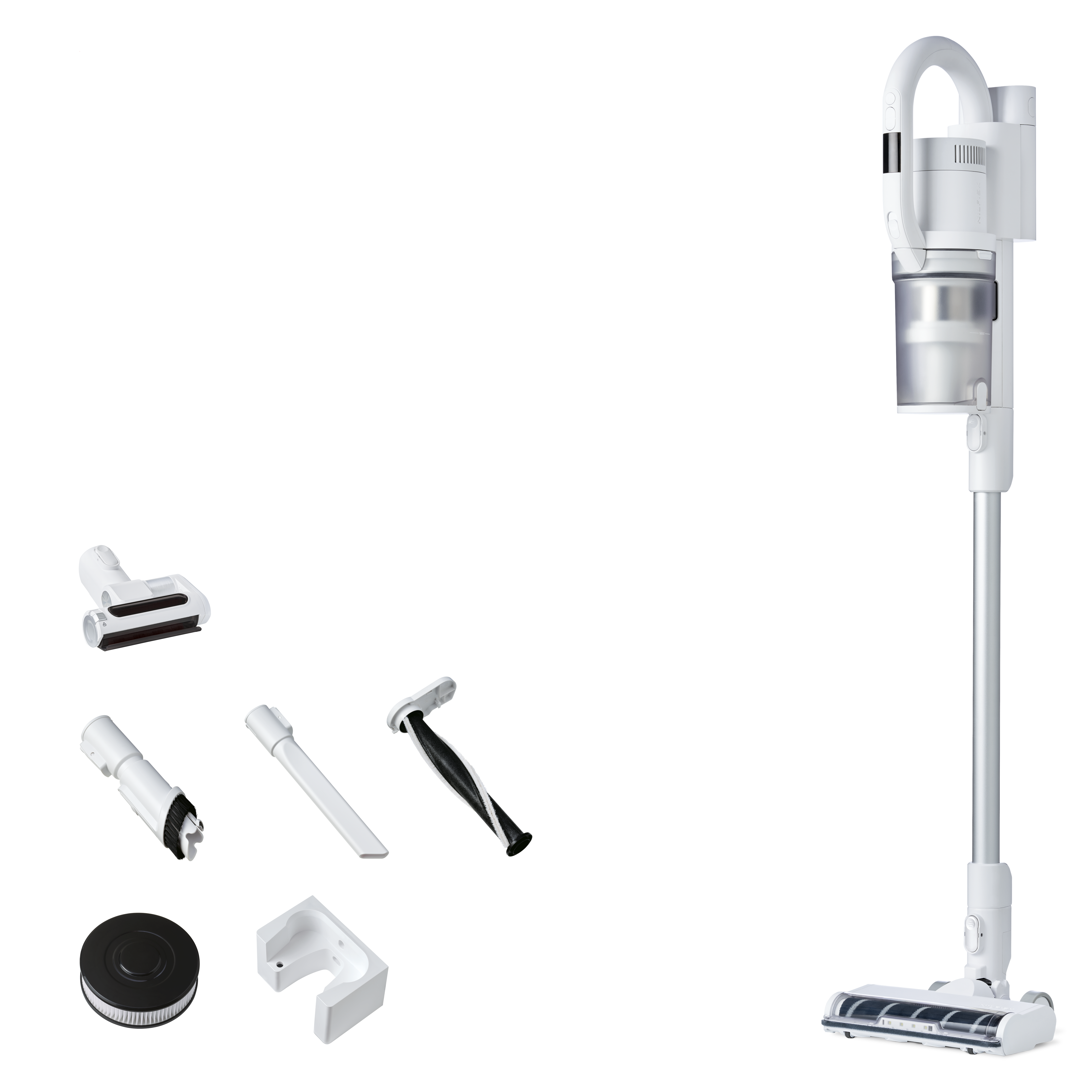 White cordless stick vacuum cleaner by Nilfisk, shown with multiple attachments.