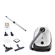 White and black canister vacuum cleaner by Nilfisk with flexible hose, multiple attachments, and HEPA filter, shown in product layout view