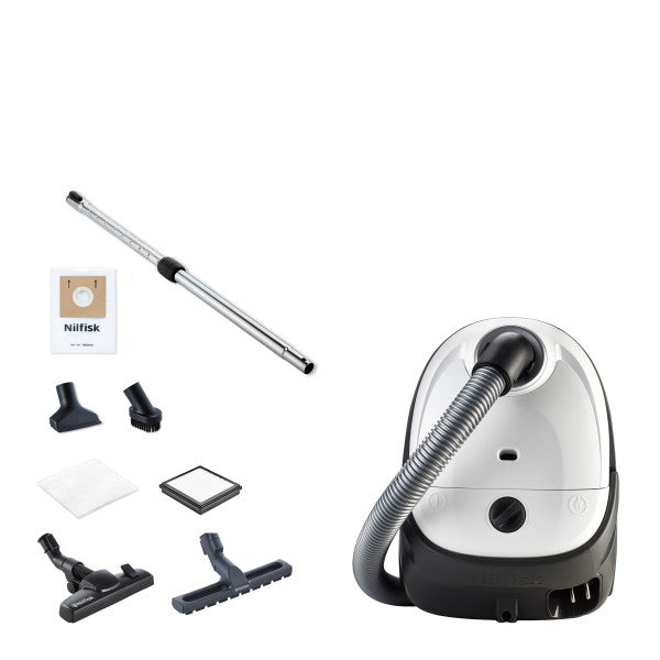 White and black canister vacuum cleaner by Nilfisk with flexible hose, multiple attachments, and HEPA filter, shown in product layout view