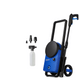 Blue power washer by Nilfisk with black wheels and handle, accessories and soap bottle included.