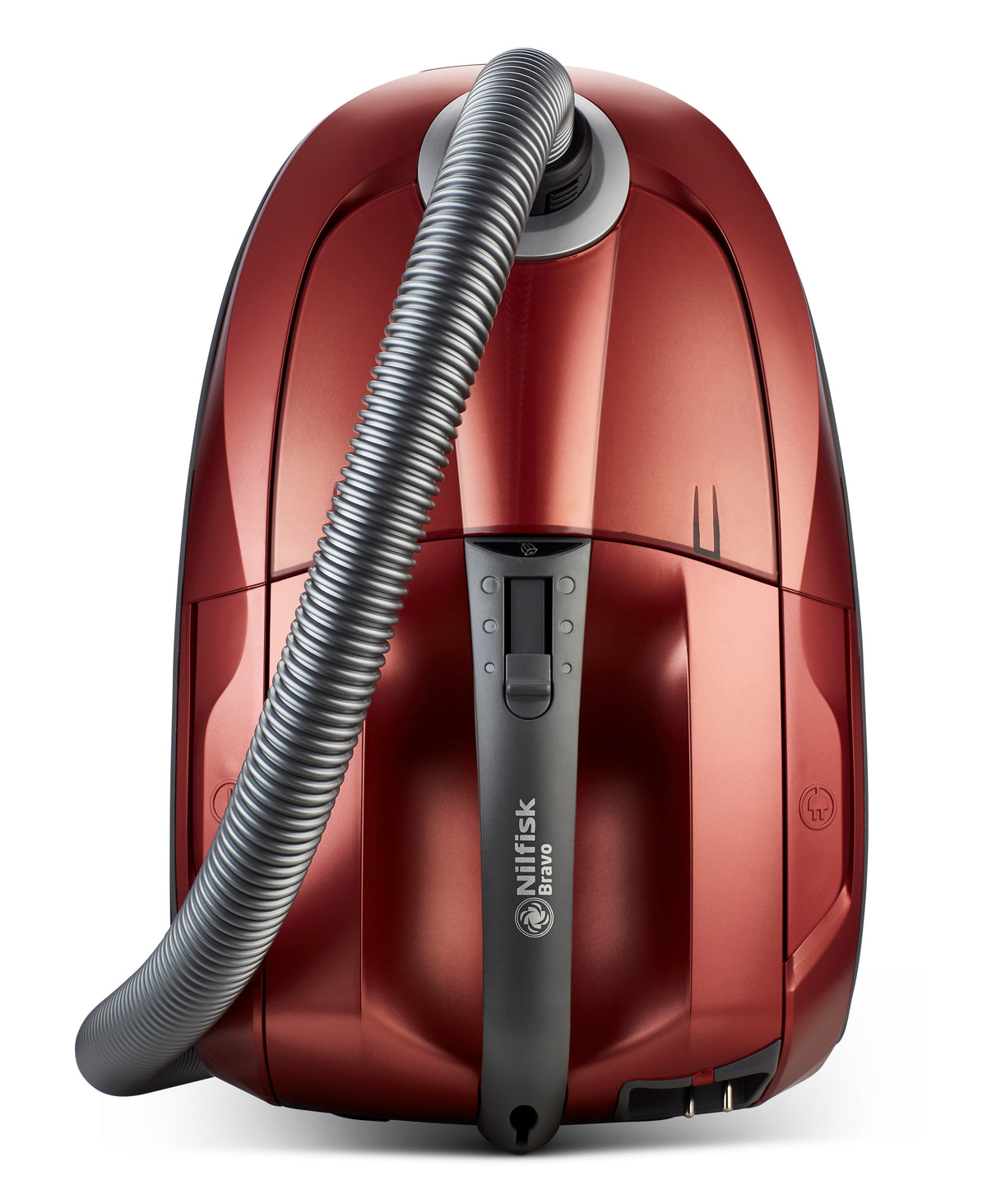 Red canister vacuum cleaner by Nilfisk, featuring a gray hose, and a streamlined design with a metallic finish.