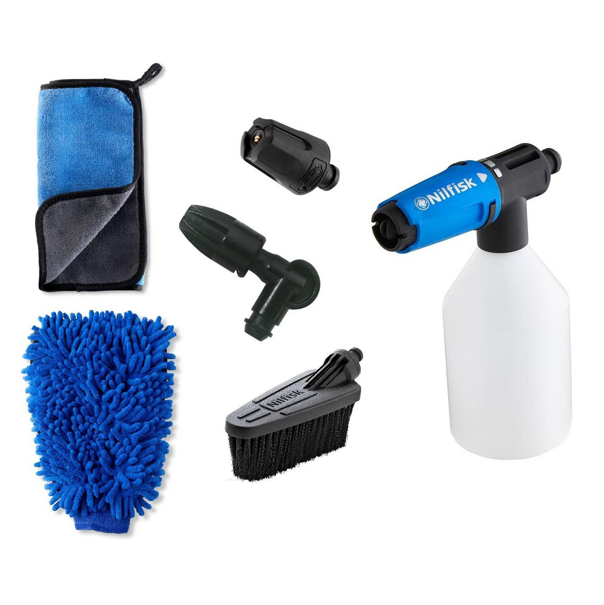 Pressure washer accessories kit for Excellent high-pressure cleaners by Nilfisk, including attachments, brushes and cloths.