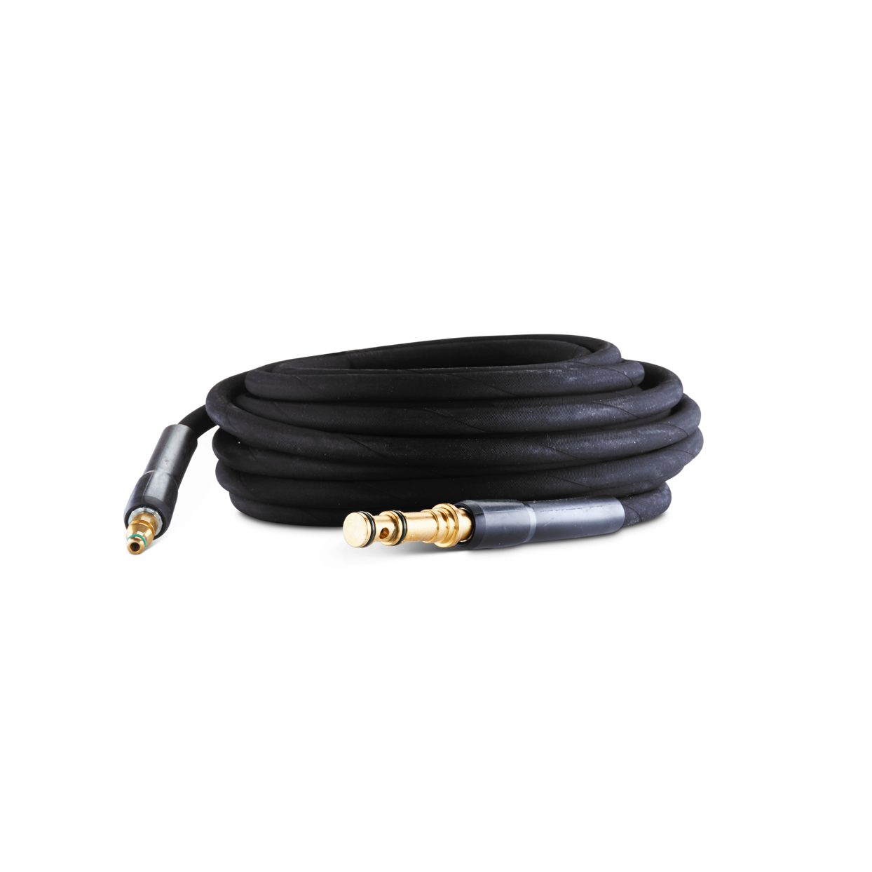 Black hose by UK 10m long coiled and with brass colored ends.
