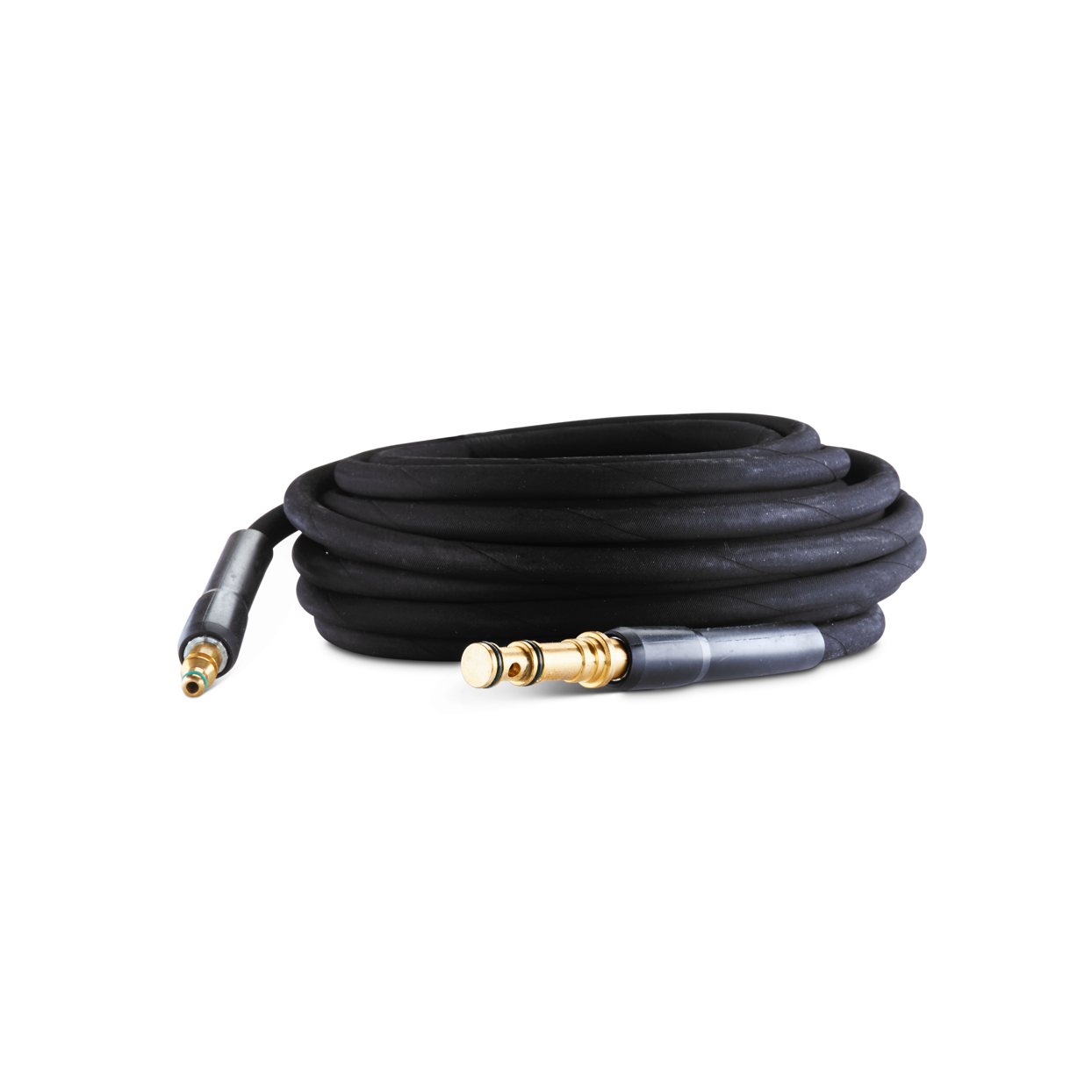 Black pressure washer hose by UK, coiled with brass connectors on each end.