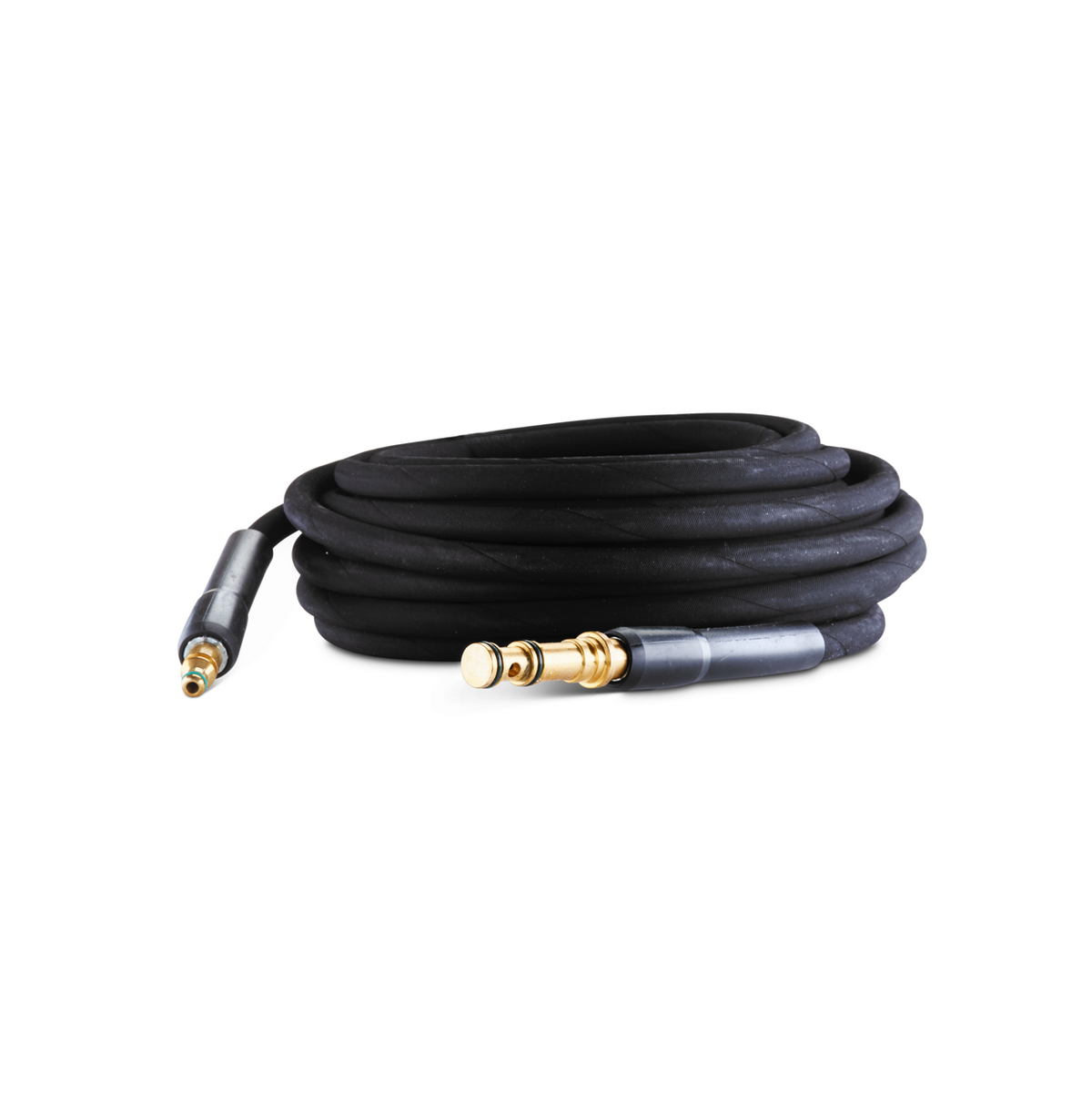 Black pressure washer hose by UK, coiled with brass connectors on each end.