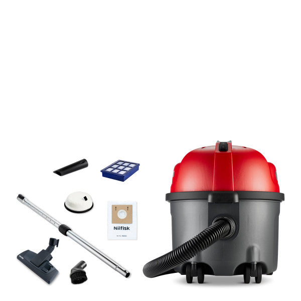 Red and gray vacuum cleaner by Nilfisk with hose and various attachments.