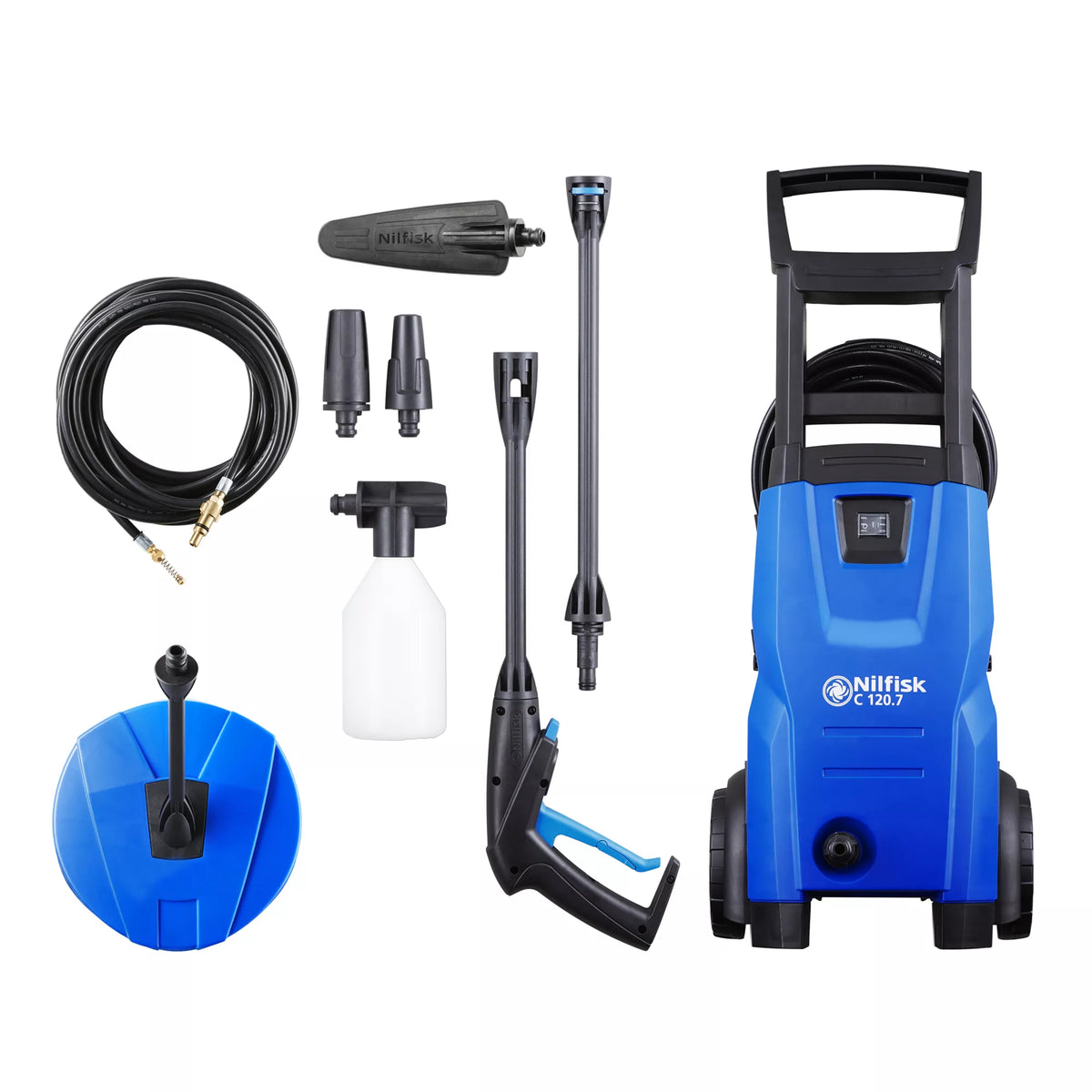 Blue pressure washer by Nilfisk, with accessories like nozzles, brushes, and a hose.