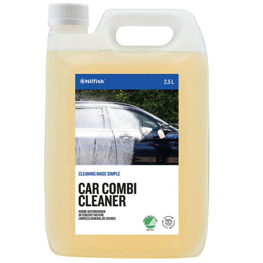 Car Combi Cleaner by Nilfisk, in a transparent container displaying a car being washed.
