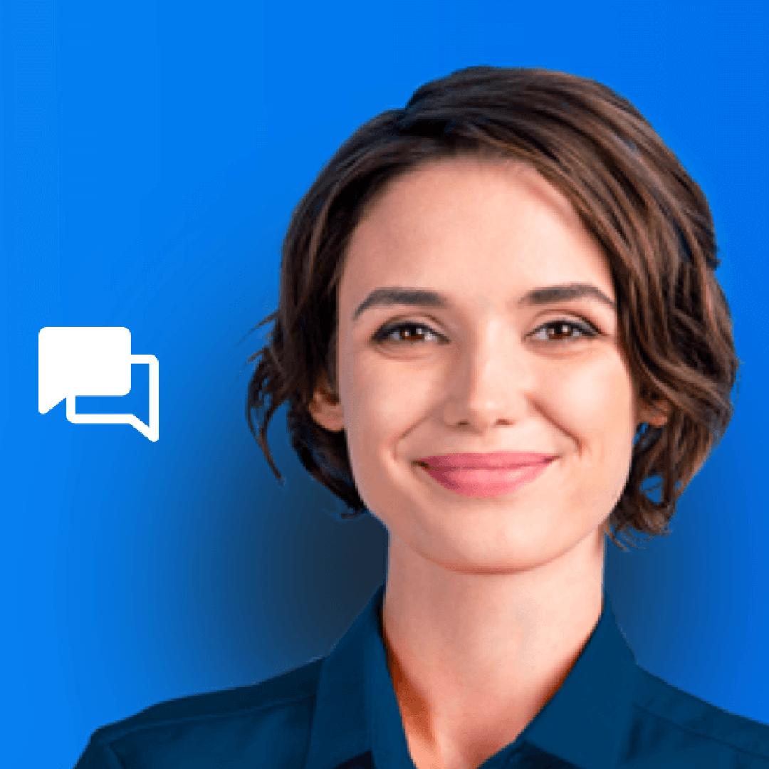 Smiling woman with short brown hair in blue shirt, white speech bubble icon on blue background.
