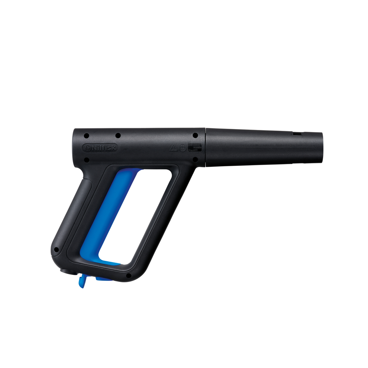 Black and blue spray handle by Nilfisk, shown in a side view on a white background.
