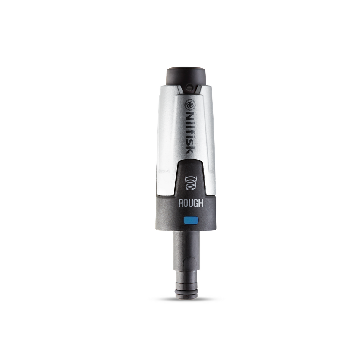 Silver and black rough nozzle by Nilfisk with a blue button, shown upright against a white background.