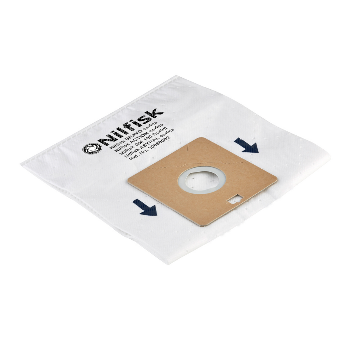 White vacuum cleaner bags by Nilfisk, with brown cardboard inlet and dark blue directional arrows.