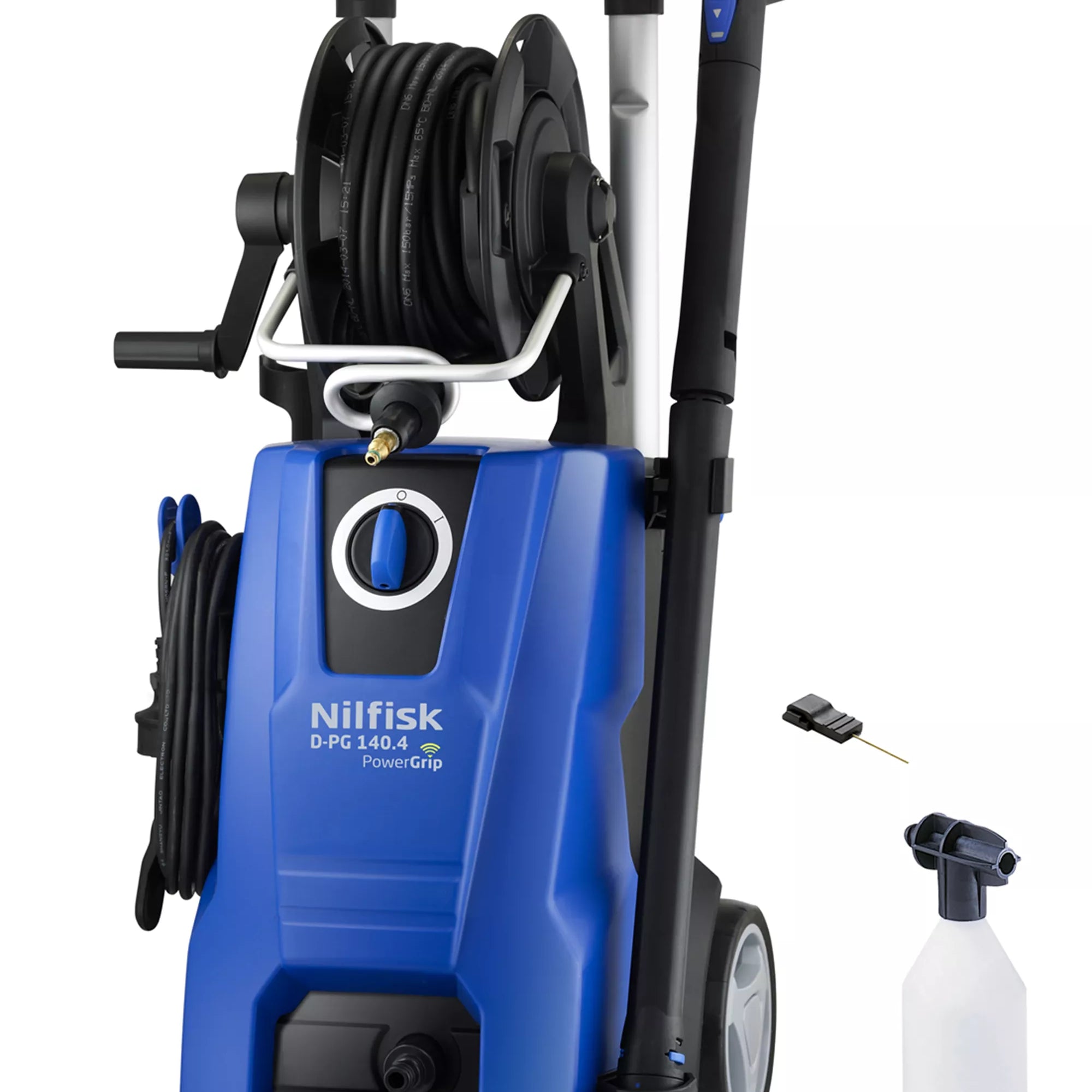 Blue pressure washer by Nilfisk, featuring a hose reel, spray gun, and accessory nozzle.