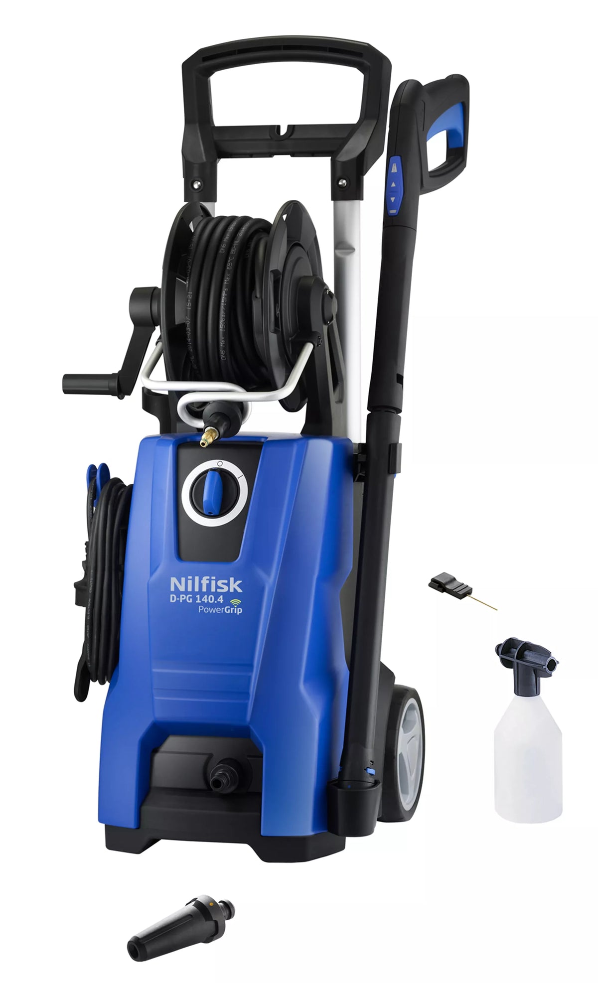 Blue pressure washer by Nilfisk, featuring a hose reel, spray gun, and accessory nozzle.