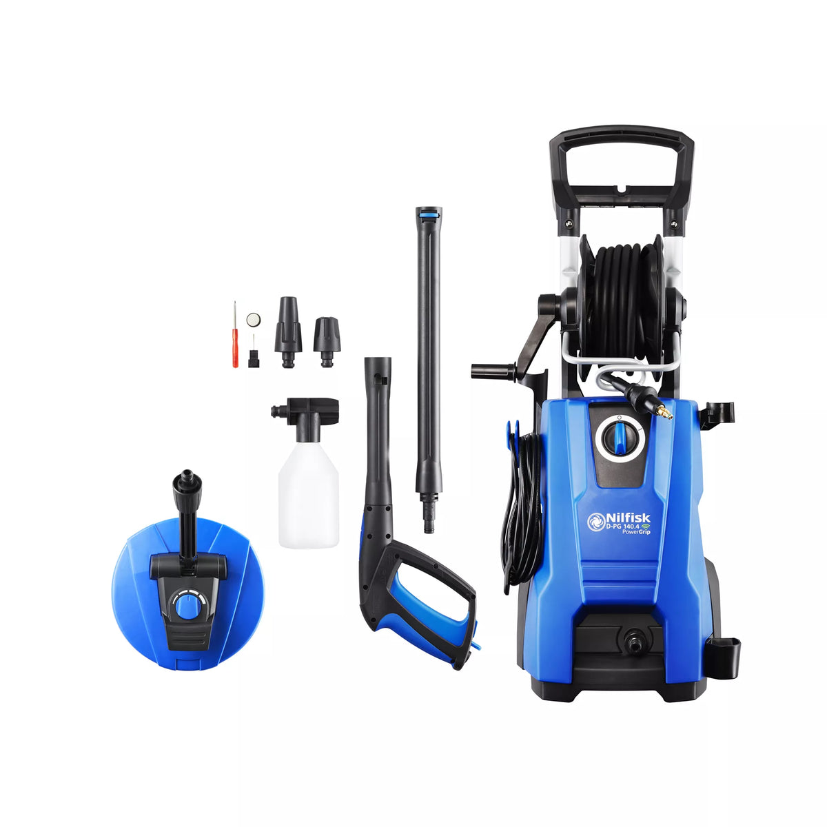 Blue pressure washer by Nilfisk with hose reel, spray gun, and various attachments.