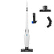 White stick vacuum cleaner by Nilfisk with black floor head, alongside three black nozzle attachments.
