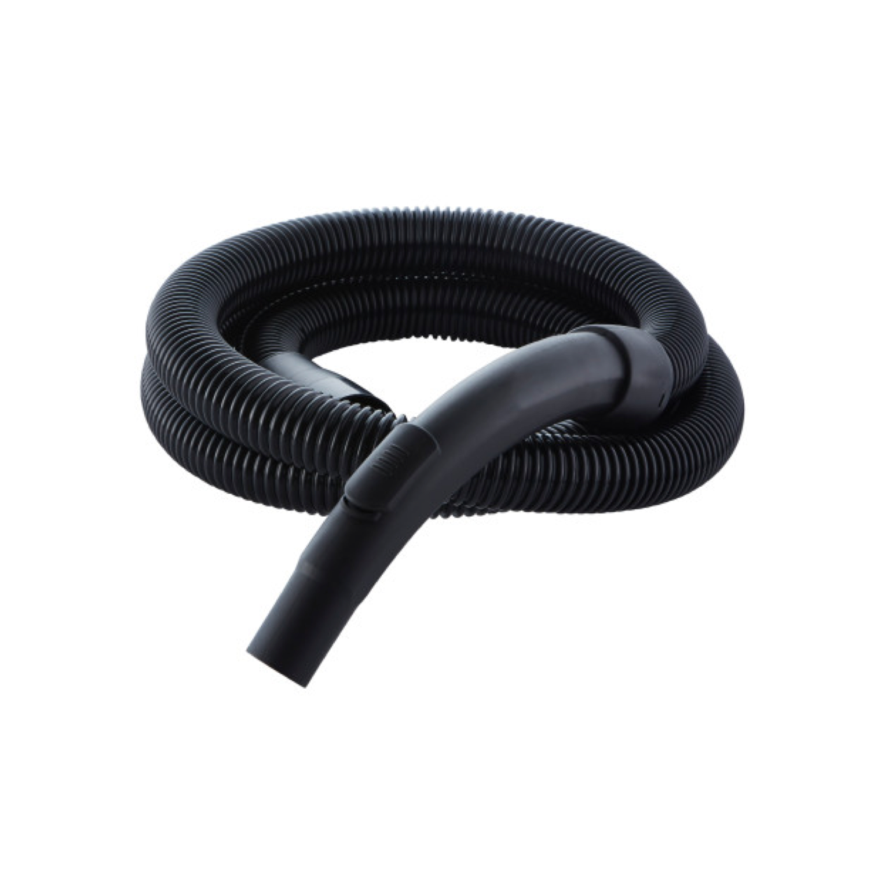 Black suction hose for wet and dry vacuum cleaners with nozzle attachment.
