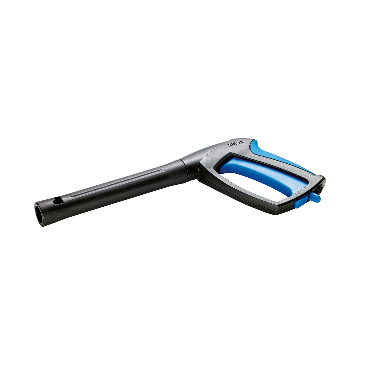 Black spray handle with soft blue coating by Nilfisk with a long nozzle and ergonomic grip.

