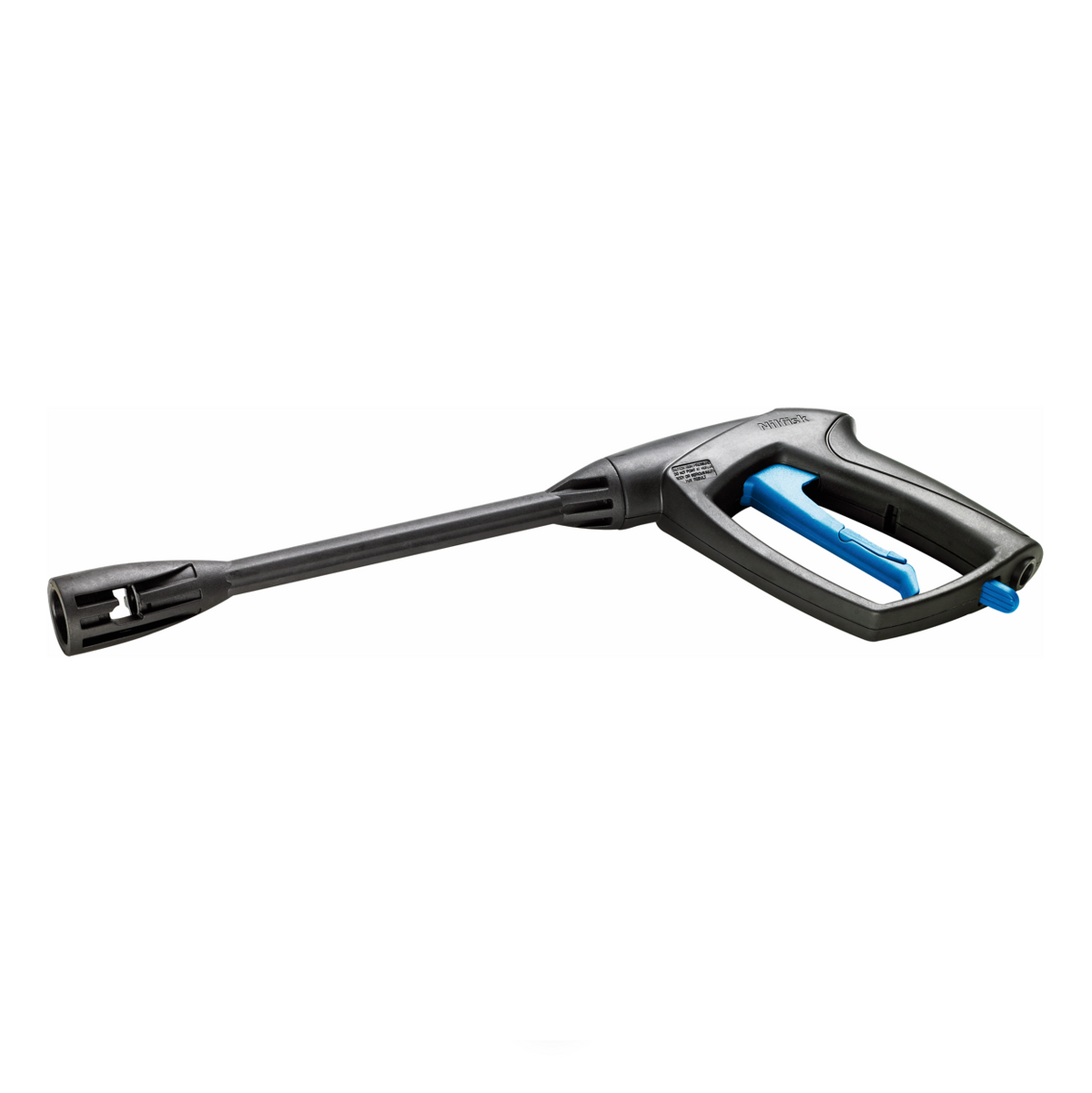Black spray handle for pressure washer by Nilfisk, with blue trigger detail.
