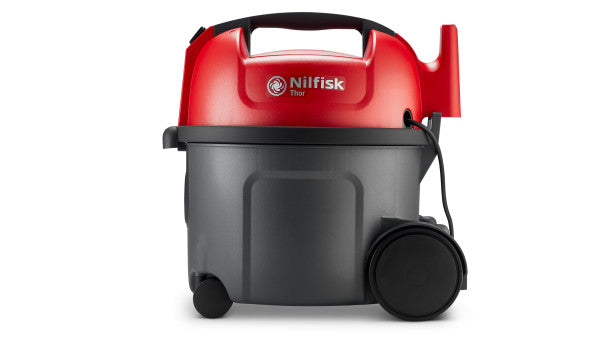 Red and gray vacuum cleaner from Nilfisk Thor with black wheels, shown in a studio shot.
