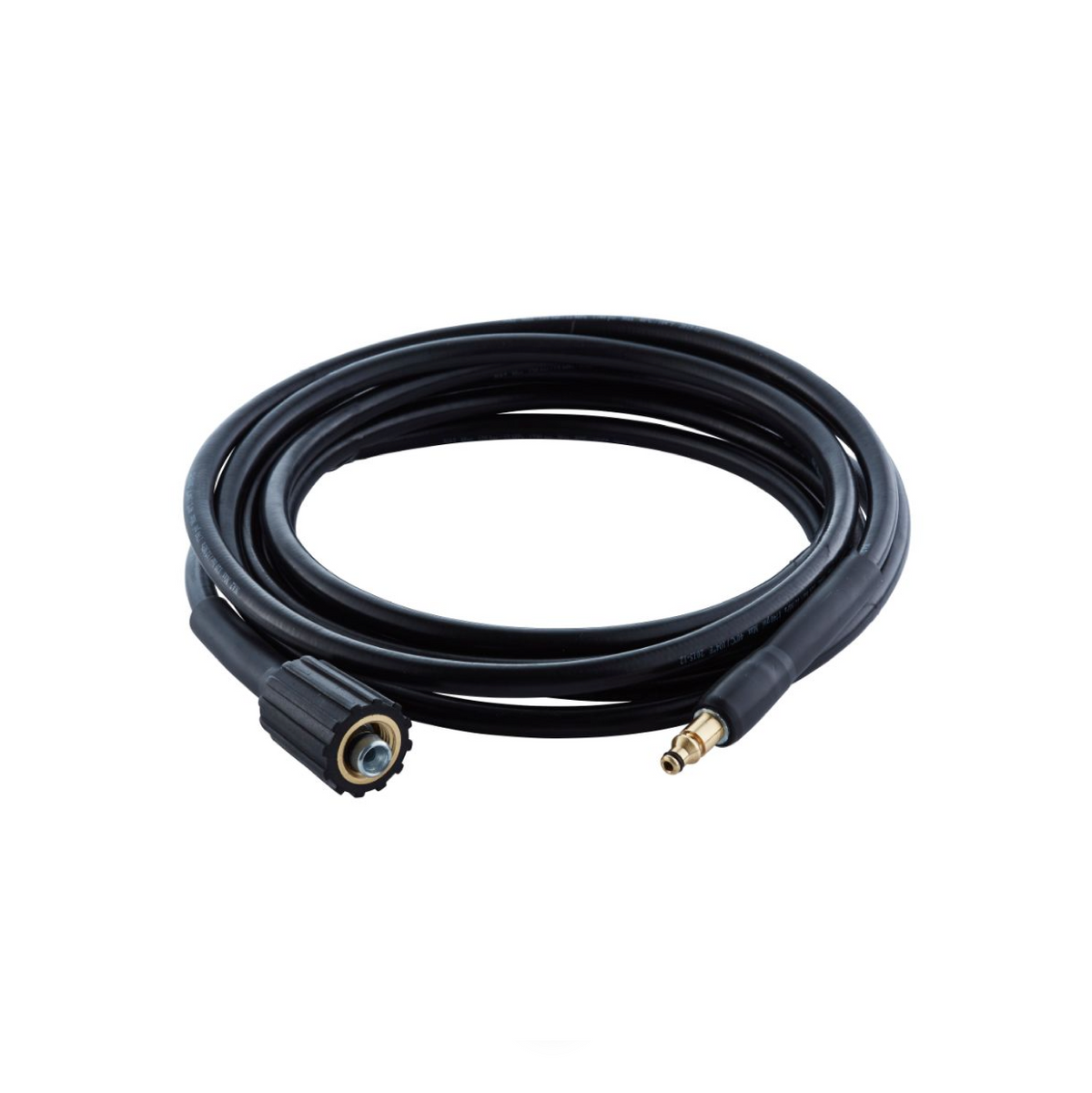 Black pressure washer hose, nine meters long, with brass fittings.