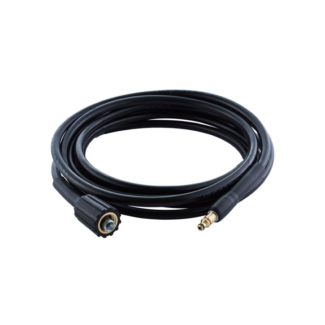Black pressure washer hose, eight meters, with fittings at both ends.