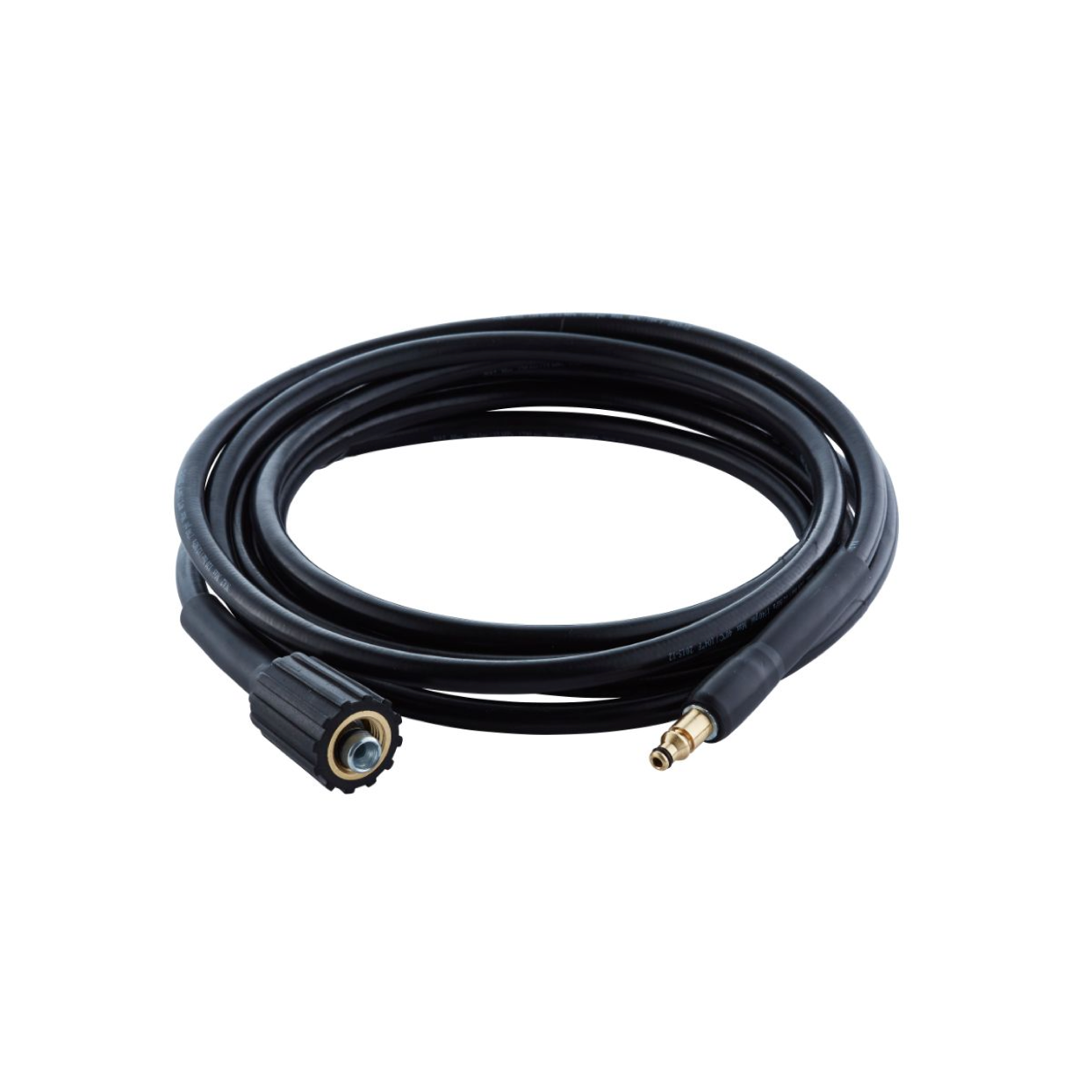 Black high-pressure washer hose by ES, coiled, with connector nozzles visible on either end.