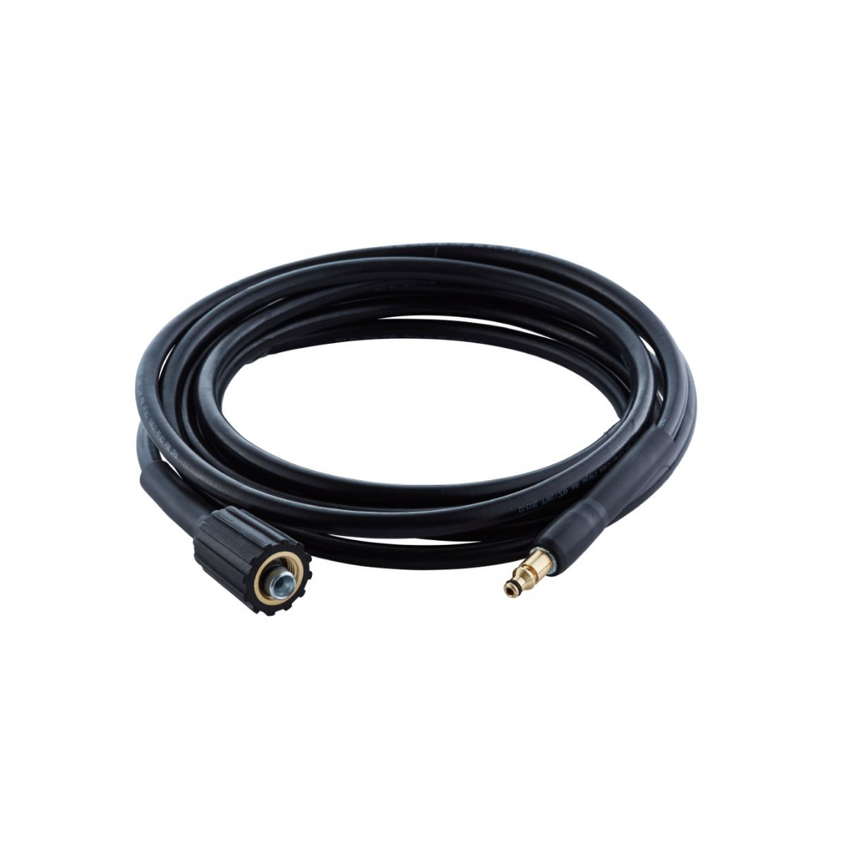 Black high-pressure washer hose by ES, coiled, with connector nozzles visible on either end.