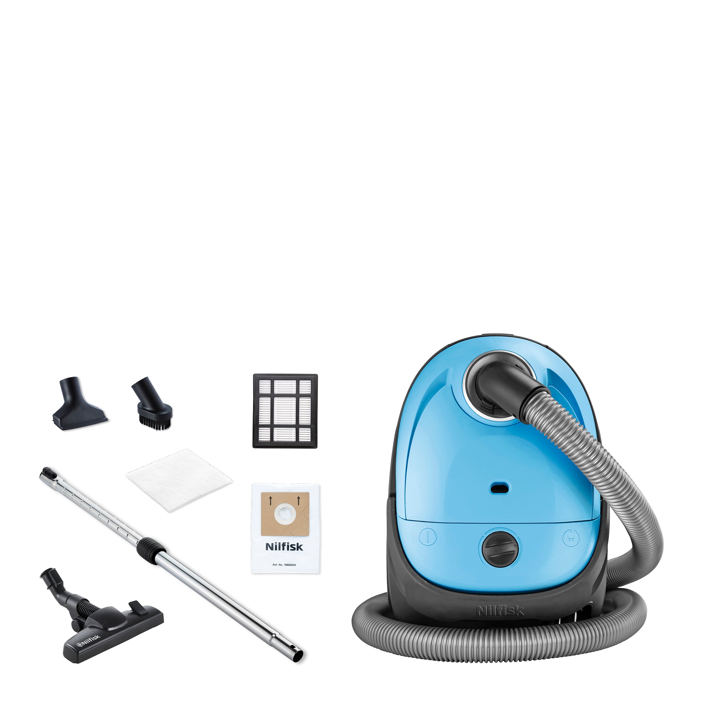 Blue canister vacuum cleaner by Nilfisk with accessories and hose.