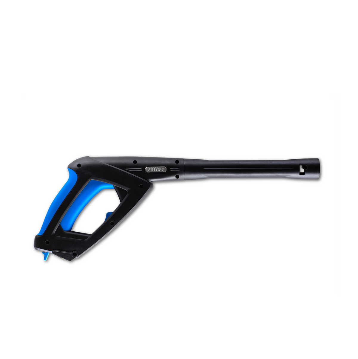 Black and blue spray handle by Nilfisk, shown on a white background.