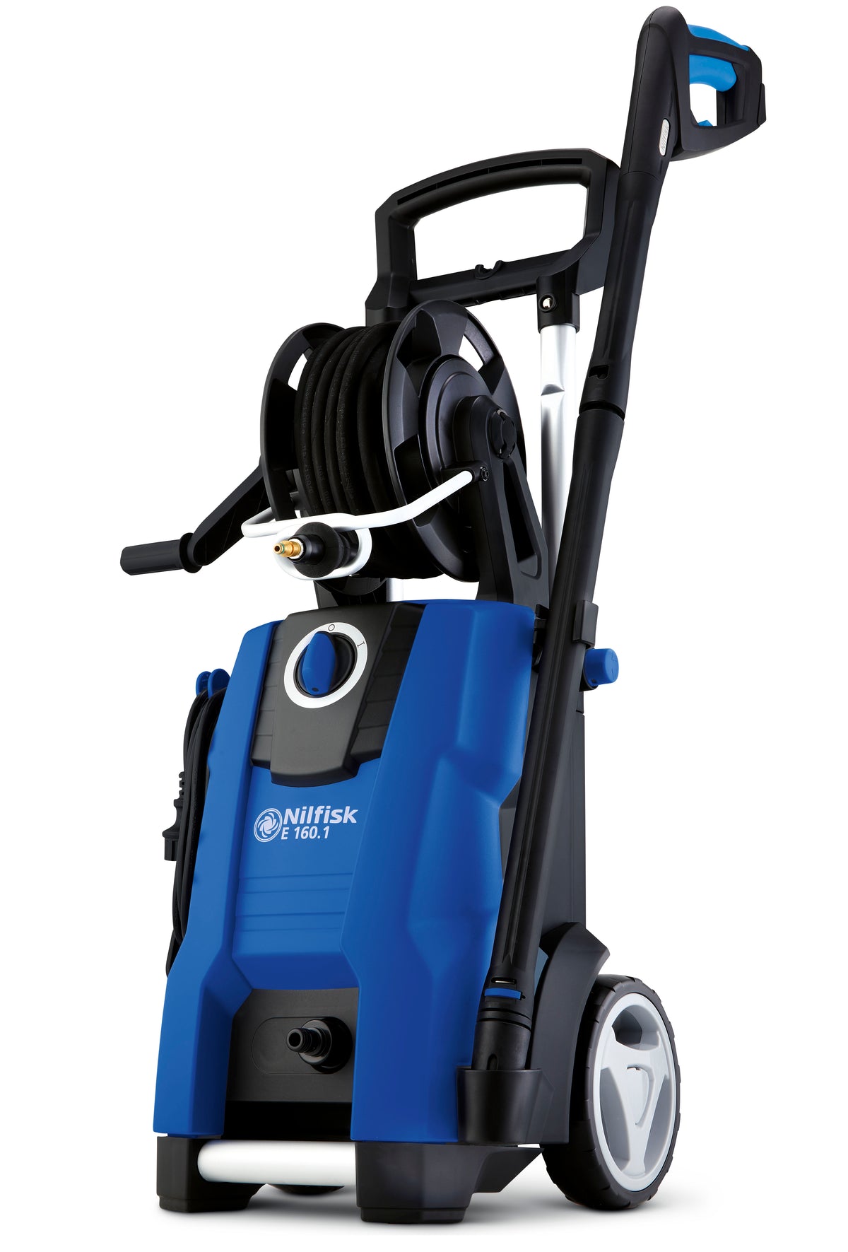 Blue and black pressure washer by Nilfisk with hose reel, silver handle and wheels.