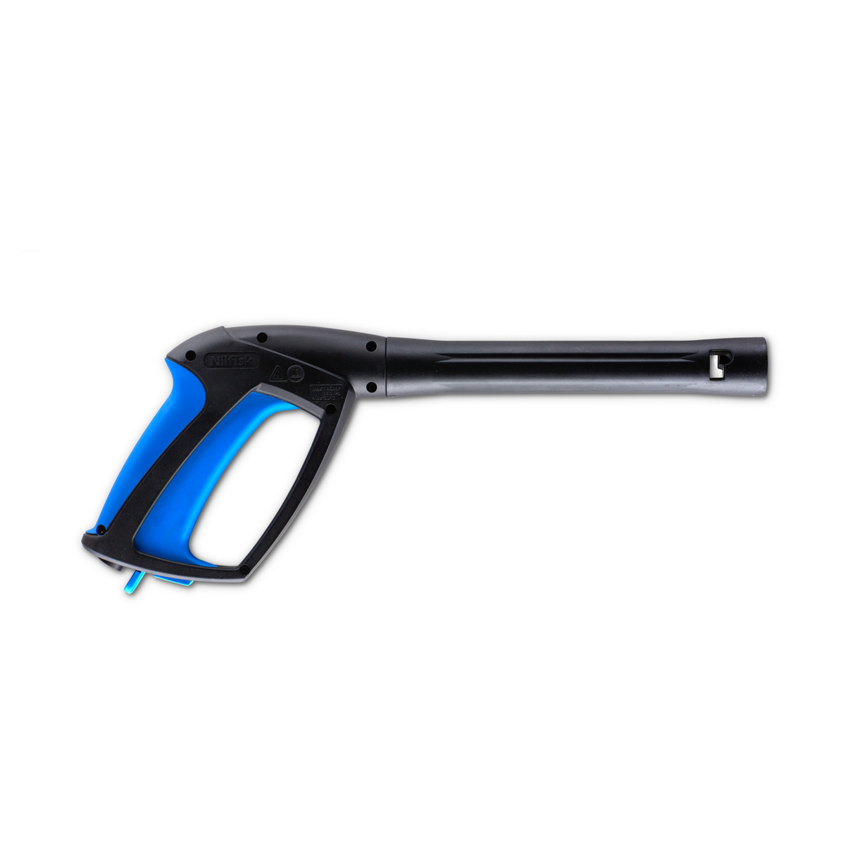 Black and blue spray handle with soft coating by Nilfisk, shown in a studio shot.
