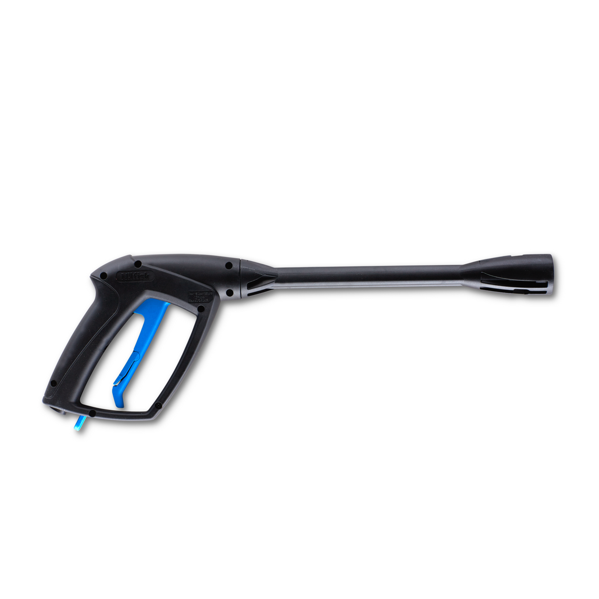 Black spray handle by Nilfisk with a blue trigger, displayed on a white background.
