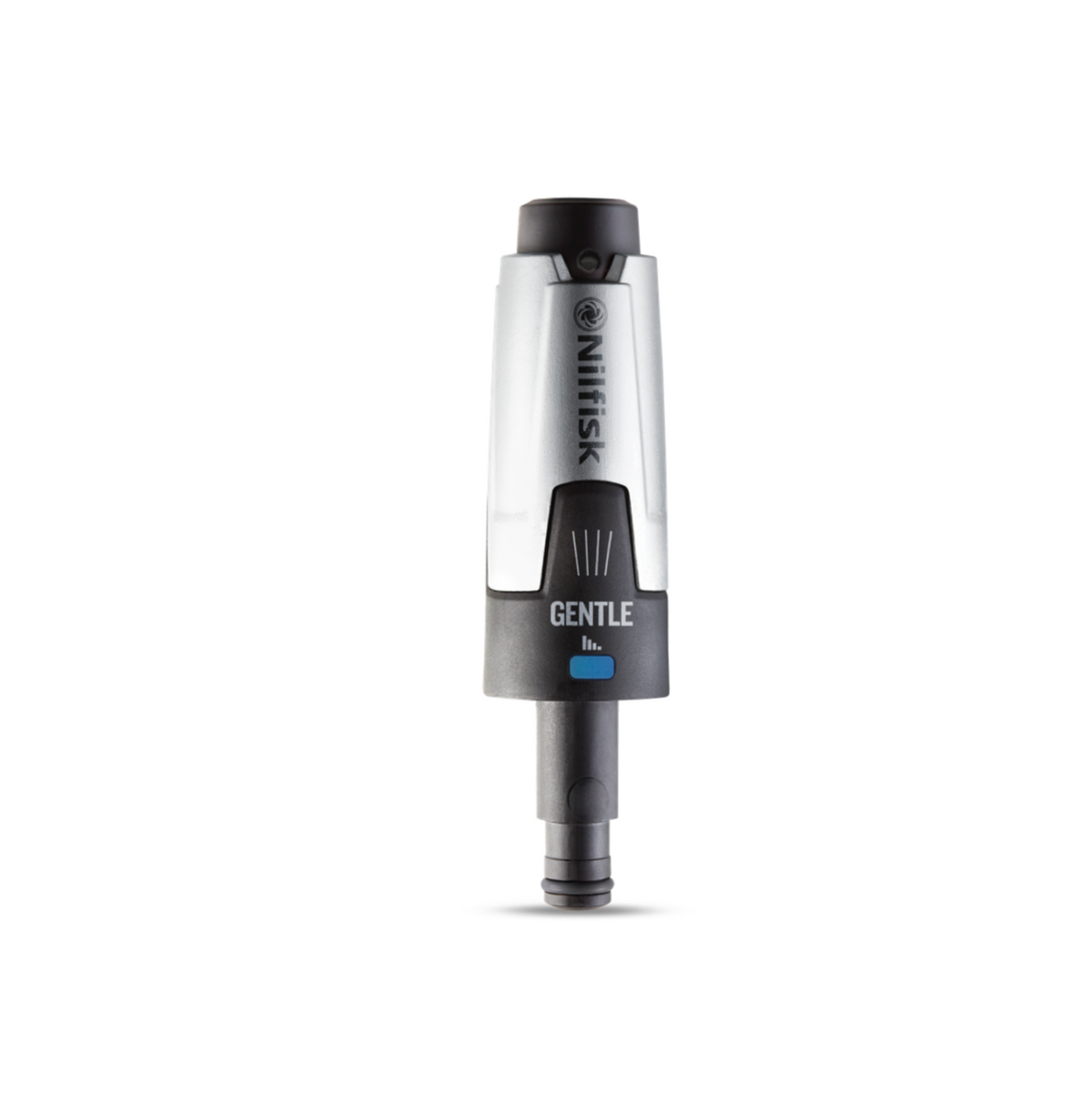Grey and silver gentle nozzle by Nilfisk with black accents.