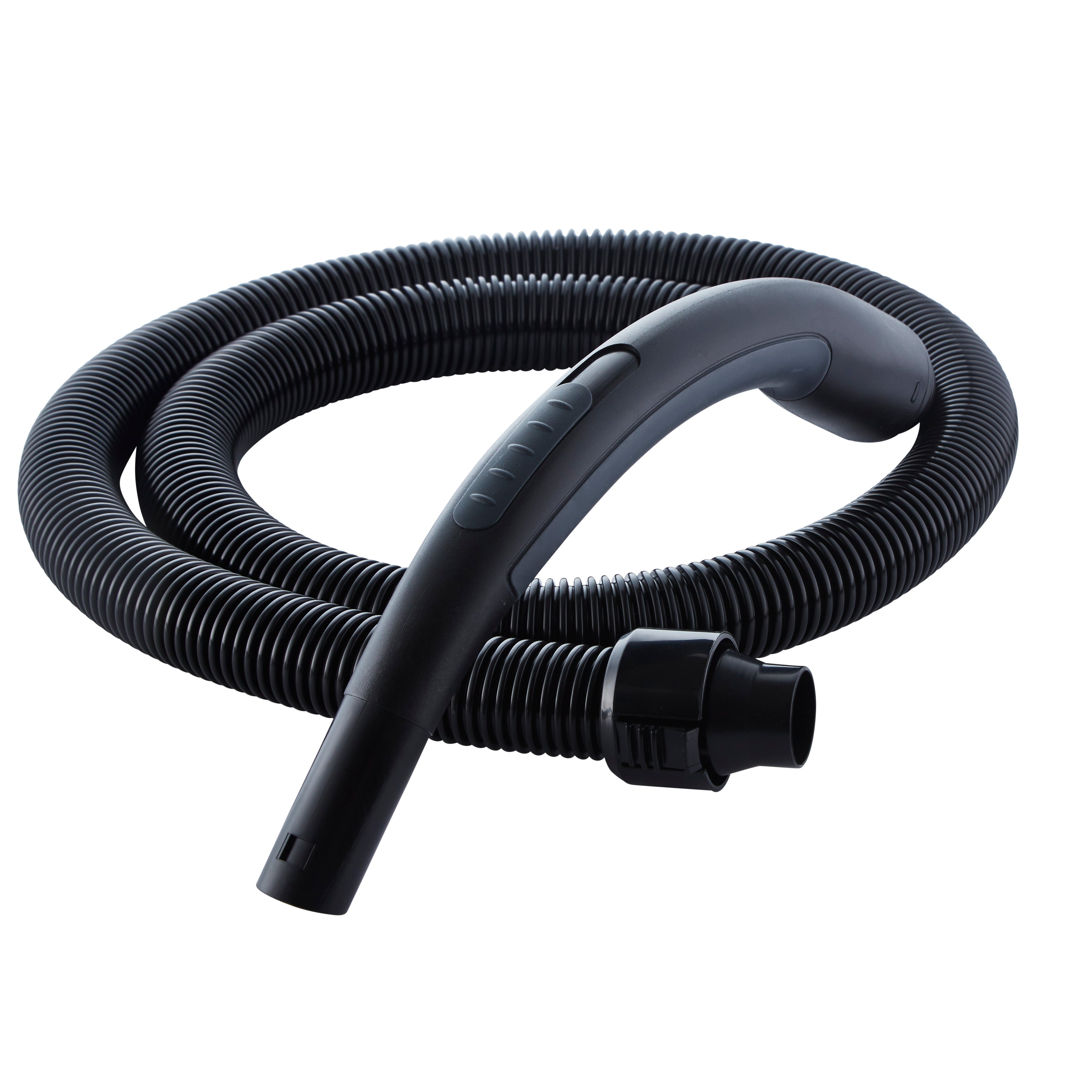Black vacuum cleaner hose with curved pipe by Nilfisk, coiled on a white surface.