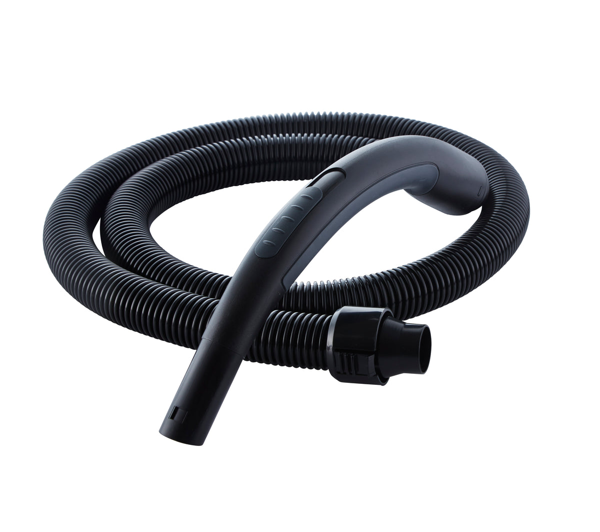 Black vacuum cleaner hose with curved pipe by Nilfisk, coiled on a white surface.
