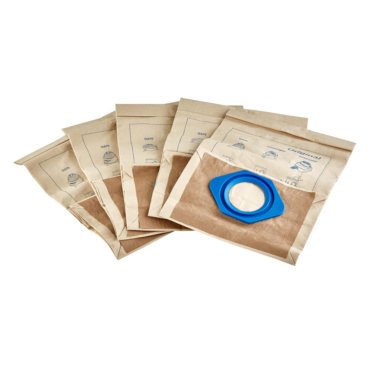 Five tan paper vacuum cleaner bags for GM80 vacuum cleaners.