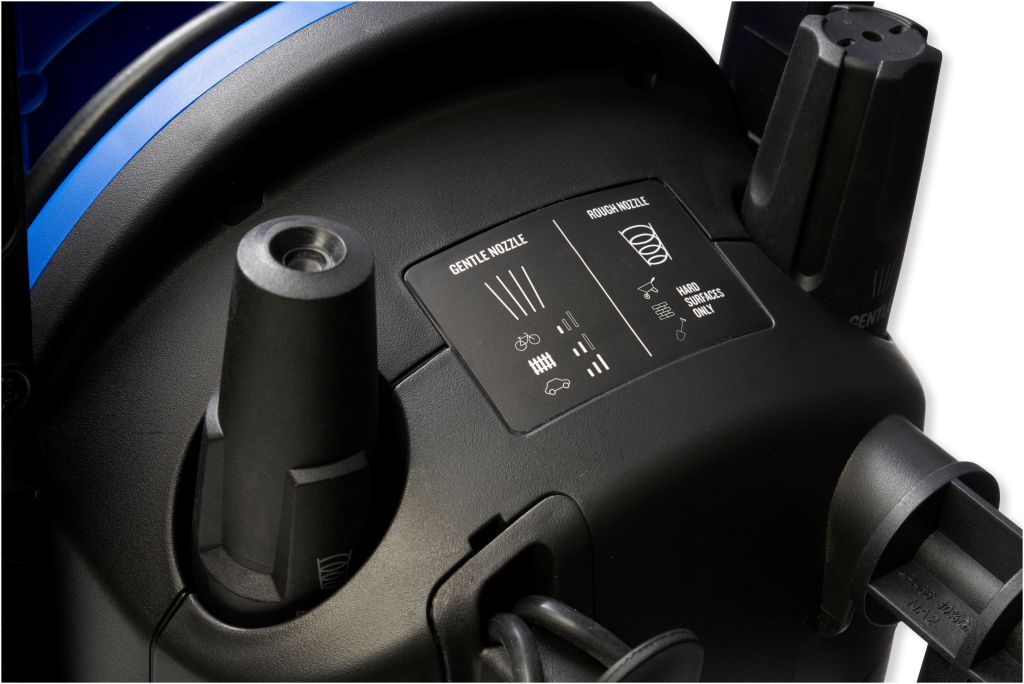 High pressure washer with nozzle and cleaning instructions, by Nilfisk, in black color.