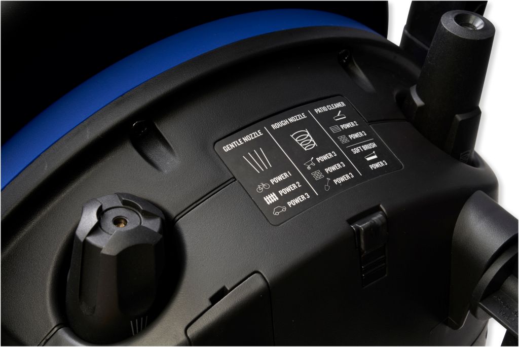 Blue and black high-pressure cleaner by Nilfisk, featuring cleaning power settings and nozzle guides.