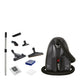 Black vacuum cleaner, 650W, from Nilfisk, with extension pole and various attachments and filters.