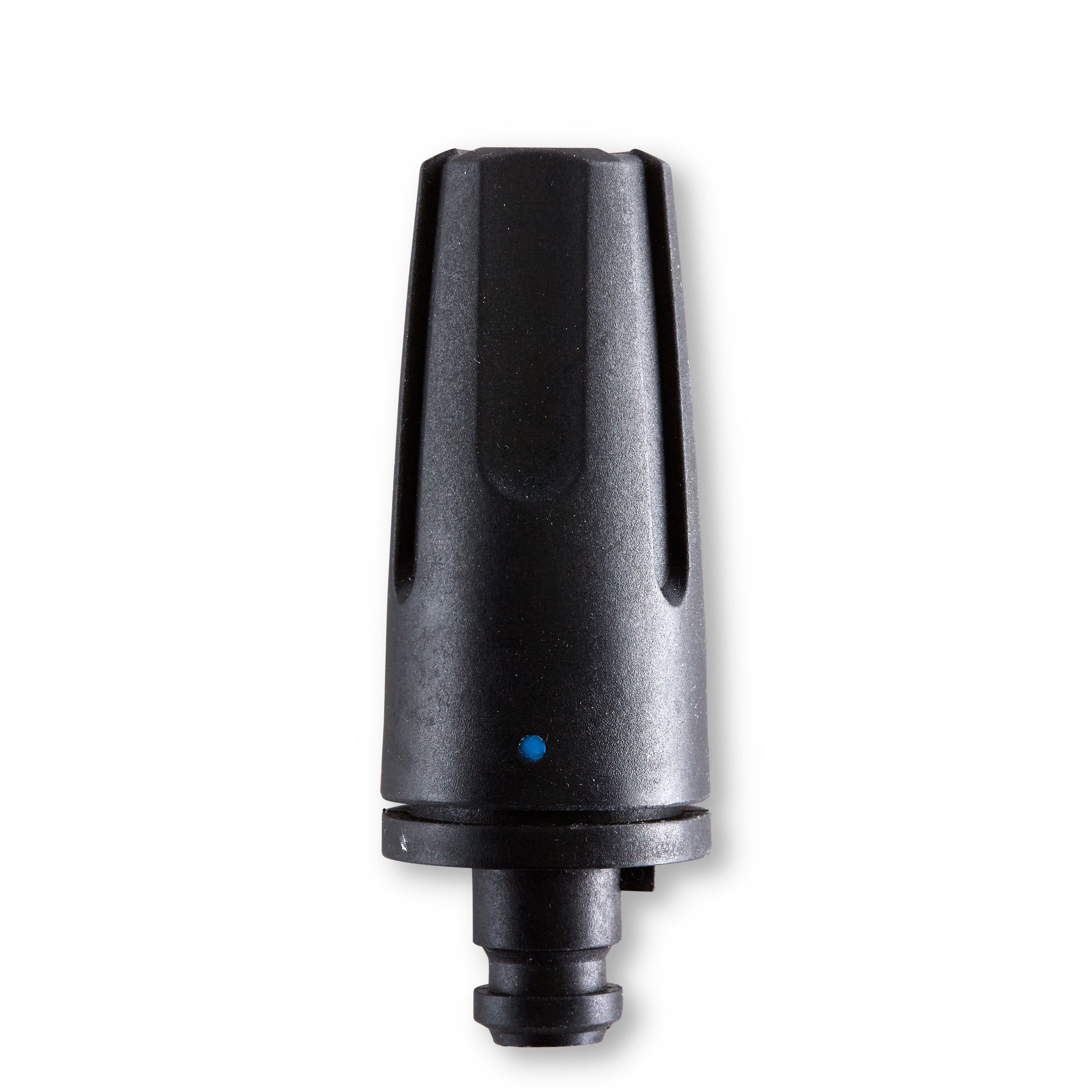 Black pressure washer nozzle by C&C with blue dot, shown with grooved texture and shadow.
